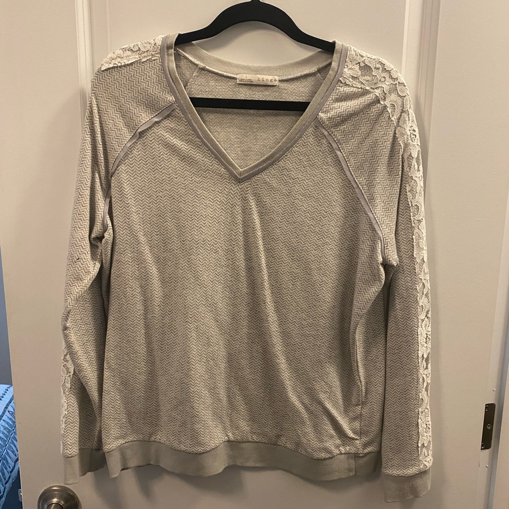 Grey and white sweater with lace detailing, size L